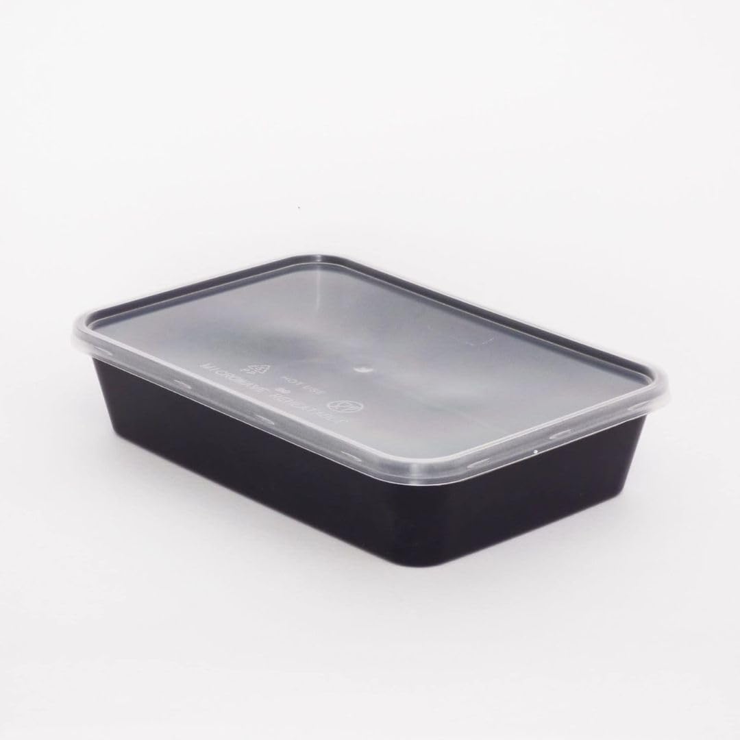 D MARTLeakproof Microwave Plastic Food Storage Container - 500cc, Black Base & Clear Lids, Pack of 50 - Ideal for Take Away Food Storage