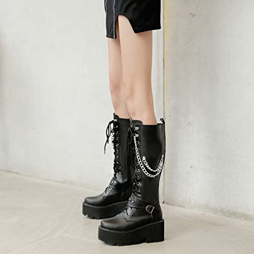 Parisuit Women's Knee High Goth Platform Buckle Boots Chunky High Heel Lace Up Punk Combat Boots With Chain-Black Size 10 #TOP6