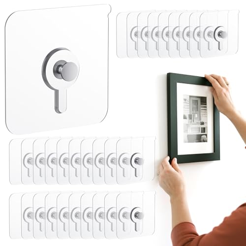 Image of 30 Pcs Adhesive Picture Hooks, 20 Ibs Load Heavy Duty Self Adhesive Wall Hooks for Hanging, Waterproof Picture Hangers Without Nails for Bathroom Kitchen, Transparent Sticky Hooks for Frames