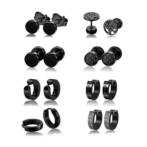 Lot de 8 paires de boucles d'oreilles noires pour homme, boucles d'oreilles rondes pour homme, femme, garçon