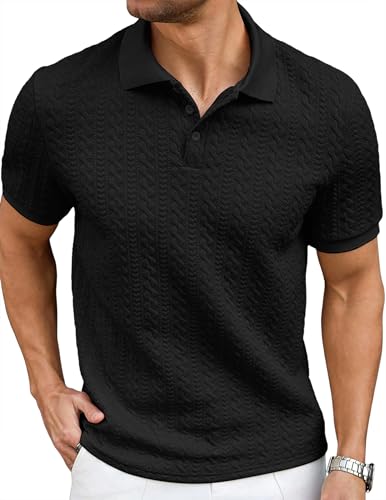 JMIERR Jacquard Polo Shirts for Men Classic Fit Casual Ribbed Button Down Shirt Quiet Luxury Clothes Casual Collared Shirt, US43(L), Black