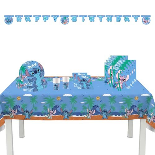 Procos - Kit de fête Stitch grand, 46 pièces pour anniversaire d'enfant ou fête à thème, décoration de table