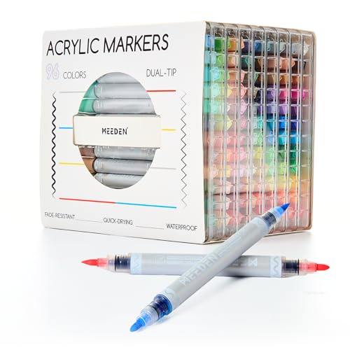 Image of MEEDEN Artist Acrylic Paint Markers: 96 Colors Dual Tip Acrylic Marker with Brush & Round Tip - Quick Dry Paint Pens Markers with Automatic Ink Control for Wood, Canvas, Glass, Rock, Fabric, Ceramic
