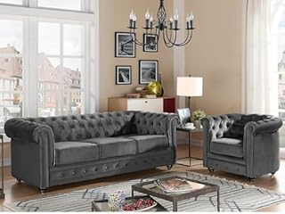 Vente-unique - Canapés 3 Places 2 Places et Un Fauteuil Chesterfield - Velours Gris Clair
