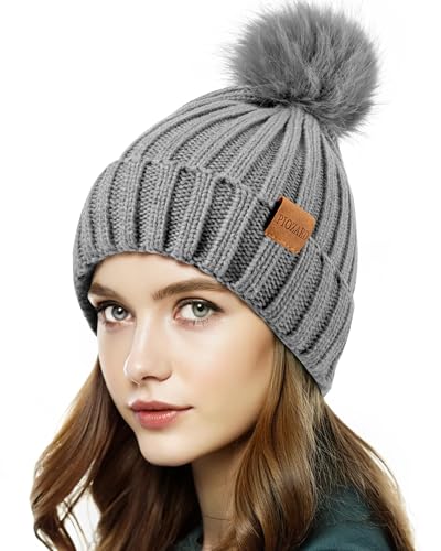 PIOZAED Womens Winter Beanie Hat Fleece Lined Warm Skull Cap with Faux Fur Pom Cuff Knitted Hat for Women Grey