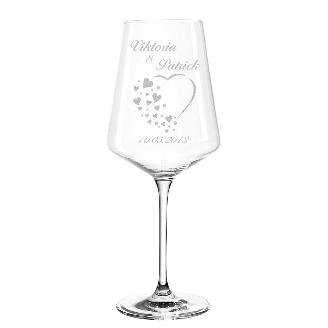 3-tlg Wein-Set mit personalisierter Wunschgravur - Motiv Herz mit kleine Herzen - 2x Leonardo Weißweingläser Puccini 560 ml, 1x Holzkiste - nachhaltig - DIY Geschenk - Hochzeit, Heirat - Paar