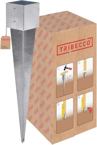 TRIBECCO Soporte para postes de madera, 141 x 141 mm, longitud 900 mm, galvanizado en caliente, manguito de impacto para postes de madera cuadrados, anclaje de acero, anclaje de suelo, anclaje de