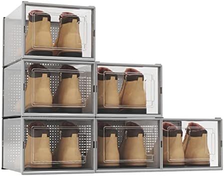 QualiapeX X-Large Long Shoe Boxes Clear Plastic Stackable, Shoe Storage Organizer, Sneaker Storage Containers, Suitable for All Shoes like High Heels & Martin Boots, Grey 6 Pack