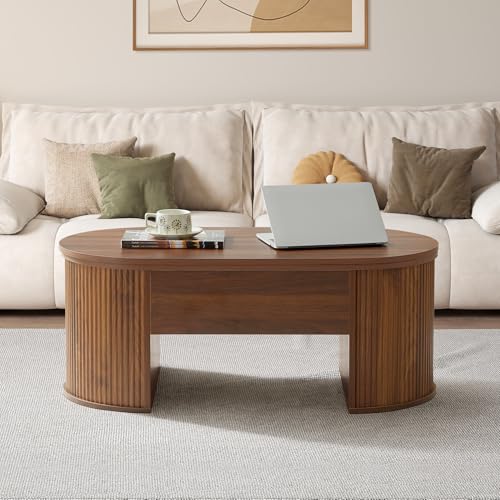 Image of QHITTY Fluted Coffee Table with Lifting Top, Oval Wood Lift Top Coffee Table with Hidden Compartment, Mid Century Pull up Center Tables for Living Room, Office - Walnut