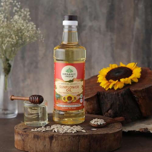 Image of Organic India Sunflower Oil, 1000ml | Lab Tested on 250+ Parameters | Certified Organic| Cold Pressed Oil with Natural Flavours and Aroma | Extracted from Organically Grown Sunflower Seeds (Pack of 3)