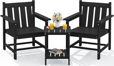 SERWALL 3 Pieces Patio Bistro Set, All Weather Adirondack Chair Set with Side Table, HDPE Material Outdoor Patio Furniture Set for Balcony, Porch, Garden, Backyard- Black