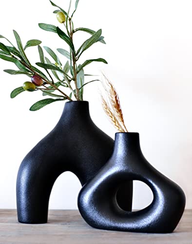 Carrot's Den - Black Donut Vase, Set Of 2, Minimalist Nordic Style, Ceramic Hollow Vase Decor - Table Centerpiece, Wedding, Living Room, Bookshelf, Bedroom, Office, Modern Boho Home Decor (Black) #TOP5