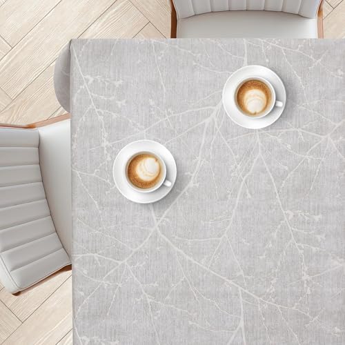 KP HOME Mantel Mesa Rectangular de PVC Gris con Estampado de Ramas Serenas 200x140 cm – Impermeable, Hule Mesa Vinilo Elegante para Interior y Exterior, Fácil de Limpiar, Diseño Natural y Sencillo