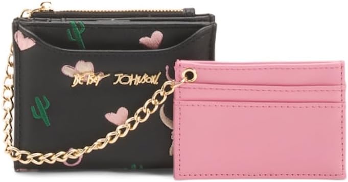 Betsey Johnson Western Card Case with Chain Wristlet, Black Embroidered Polyurethane, Gold Hardware, 4.75 x 3.5 Inches, 2 Piece Set