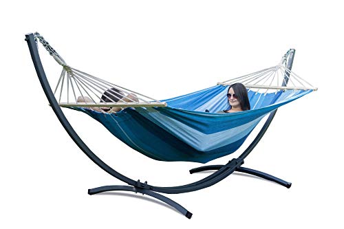 Potenza® Hamac avec Support métal pour 2 Personnes Démontable - Charge Max 220 kg – Les Hamacs Coton Double XXL -Support hamac Double - hamac Support Metallique Graphite Un Hamac avec Barre Bleu