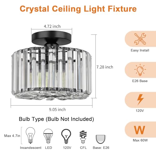 Image of FRIDEKO HOME Crystal Ceiling Light - Black Small Chandelier Semi Flush Mount Ceiling Light Fixture Modern Lights for Hallway Bathroom Kitchen Entryway (9.05 Inch, Bulb not Included)