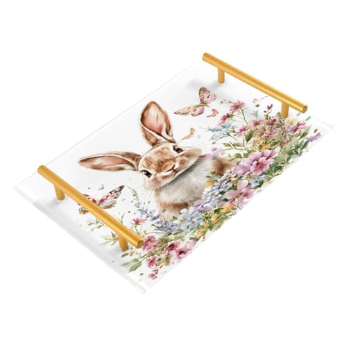 GUIJI Flower Bunny Acrylic Tray, Perfume Cosmetic Jewelry Decorative Trays Bathtub Organizer, Living Room Kitchen Serving Tray with Gold Handles