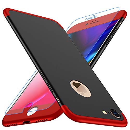 Losvick Coque iPhone 8, Housse 360 degrés Protection [Film de Verre trempé] Cover 3 en 1 PC Etui, Case Antichoc Anti-Rayures et Ultra Mince Bumper pour iPhone 8-4.7 Pouces - Noir et Rouge Cover