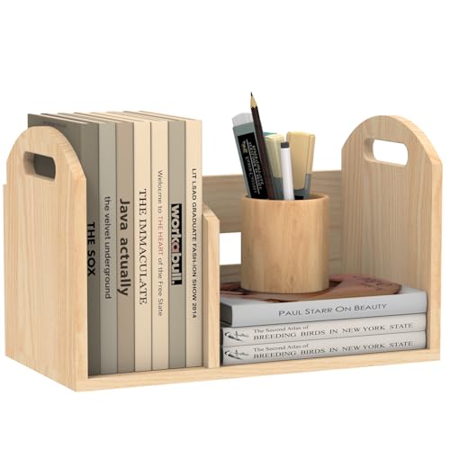 Wood Desktop Bookshelf Upright Tabletop Book Shelf With Adjustable Divider Secure Books in Place Desk Shelf for Top of Desk in Living Room Home Office Perfect for Books Cookbooks Magazine File