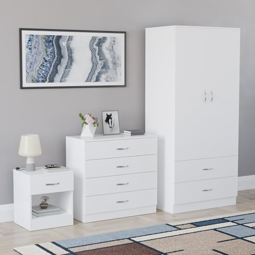 Image of Vida Designs Riano 3 Piece Bedroom Furniture Set – 1 Drawer Bedside Table, 4 Drawer Chest & 2 Door 2 Drawer Wardrobe – White