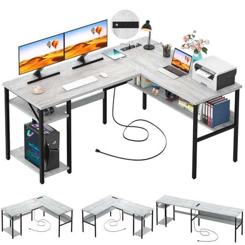 Unikito L Shaped Computer Desk with Magic Power Outlets and USB Charging Ports, Sturdy Reversible Corner Desk with Storage Shelves, Modern Work Desk for Home Office, Easy to Assemble, White Oak