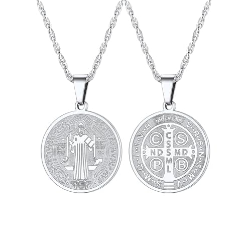 PROSTEEL Saint St Christopher/Benedict/Michael Medal Necklace for Men, 316L Stainless Steel Protection Necklace Catholic Jewelry, 22"-24" Adjustable, Come with Box Silver 4. Saint Benedict-R