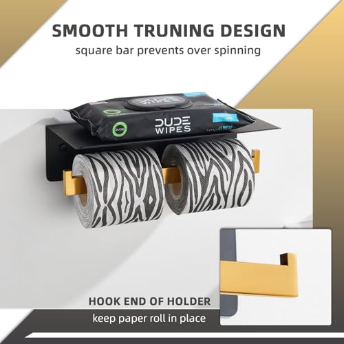 Image of Angle Simple Bathroom Toilet Paper Holder with Phone Shelf, Black and Gold | SUS304 Stainless Steel, 2 in 1 Tissue Roll Holder, Double Roll Storage, Top Shelf for Phone Wet Wipe Small Item, Screw Mount