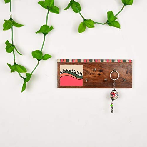 Image of Artysta 'Celebrations of Life' Pink Wooden Key Holder for Wall Stylish Decorative Wood Keychain Holder for Home Key Hanger for Home Decor (5 Hooks)