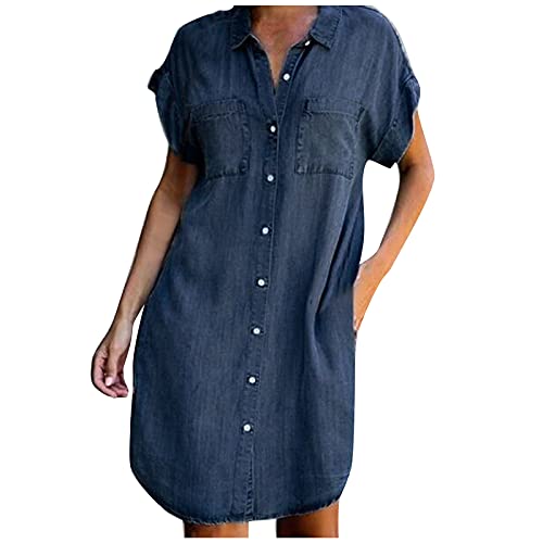 Jeanskleid Damen Sommer Kleider Für Mollige Frauen Tunika Kleid Italienische Hemdblusenkleid Jeans Oversize Shirts Dark Blue, XL