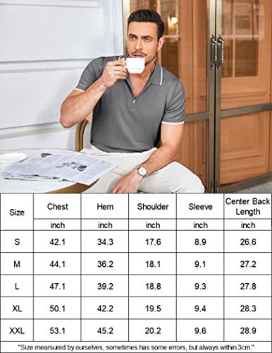 Coofandy Men's Zipper Polo Shirt Casual Knit Short Sleeve Polo T Shirt Classic Fit Shirts Gray Large #TOP1