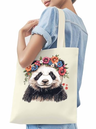 Canvas Tote Bags,Grocery Shopping Cloth Bag Cute Panda Floral Reusable Shoulder Bags Tote Bag for Travel Work Gym3
