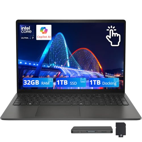 Image of Dell 15 15.6 inch FHD Touchscreen Laptop, Intel Core Ultra 7 255U, 32GB DDR5, 2TB Storage (1TB SSD+1TB Docking Station Set), Intel Graphics, Backlit Keyboard, Numeric Keypad, Wi-Fi 6, Win 11, Black