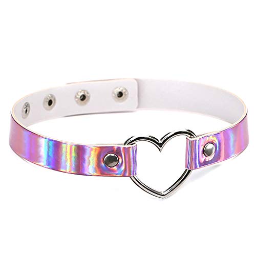 ETHOON Love Heart Choker PU Leather Choker Necklace Goth Choker Collar Chain Laser Pink