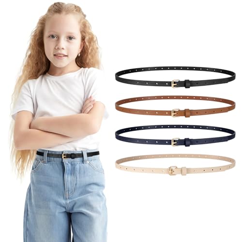 4 Pack Girls Skinny Leather Belts for Jeans Dress Thin Waist Belts for Girl with Gold Buckle