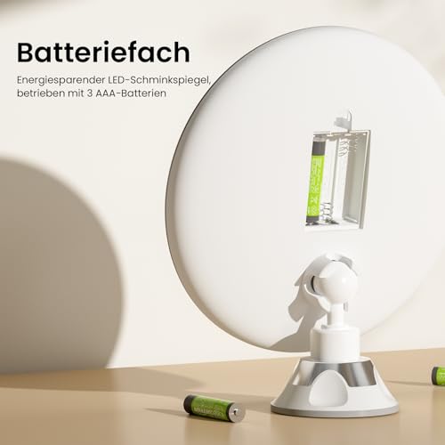 Foto von EMKE Tischspiegel mit Beleuchtung mit 5 Fach Vergrößerungsspiegel, LED Schminkspiegel 360° Schwenkbar mit Saugnapf, Schminkspiegel mit Beleuchtung Tragbarer Kosmetikspiegel für unterwegs（Weiß）