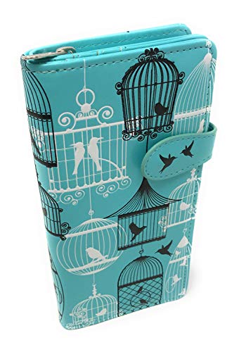 Shag Wear Vintage Bird Cage Large Wallet for Women and Teen Girls Vegan Faux Leather Blue 7