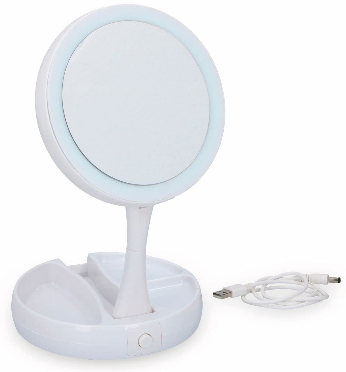 Miroir de Maquillage Grundig - Éclairage LED - Espace de Rangement pour Bijoux - Miroir Ordinaire et grossissant - Blanc
