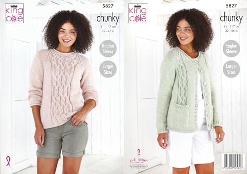 King Cole Ladies Chunky Knitting Pattern Raglan Sleeve Cable Sweater & Cardigan (5827), Multi