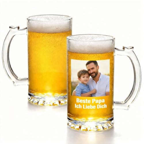 Personalisiert Bierglas mit Gravur - Papa Geschenk zum Vatertag - Glas Bierkrug mit Foto - Personalisierte Biergeschenke Vatertagsgeschenk f&uuml;r Papa, Opa, M&auml;nner, Bierglas