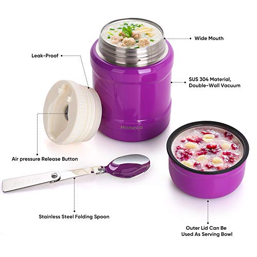 Nomeca Insulated Food Jar Thermos Lunch Container with Folding Spoon, 16 Oz Stainless Steel Double Wall Vacuum Hot Cold Food Container Wide Mouth Leak Proof Lunch Box for Kids Adults - Purple