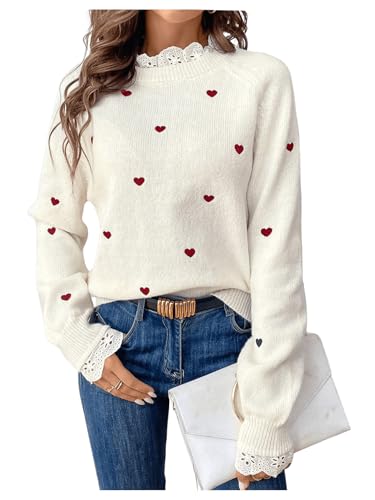 GORGLITTER Women's Heart Lace Cute Cozy Pullover Sweater 2025 Long Sleeve Trendy Knitwear Valentine Sweater Jumper Beige Small