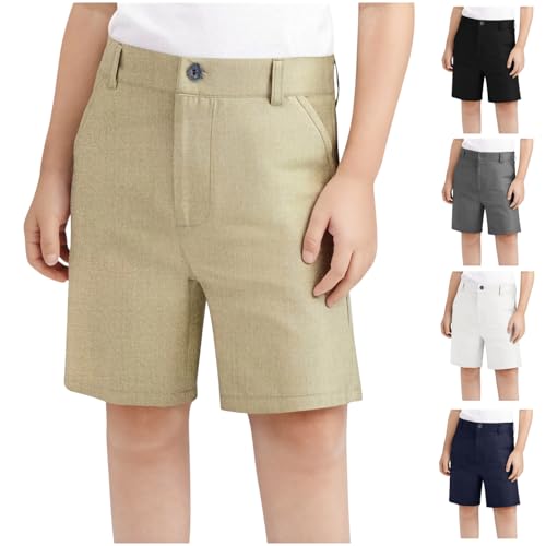 Unisex Boy's Uniform Chino Khaki Shorts Stretch Flat Front Dress Shorts Youth Golf Short Pants Pockets School Clothes