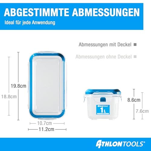 ATHLON TOOLS 4x 1L Frischhaltedosen-Set in Gastro-Qualität - 100% luftdicht und auslaufsicher -40 bis +100 Grad - für alle Lebensmittel - BPA-frei - Vorratsdosen für Kühlschrank (1 L | 4er Set)