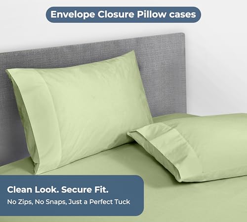Image of Royale Linen Fitted Sheet With Pillowcases - Queen Fitted Sheets With 2 Pillowcase - 300 Thread Count 100% Organic Cotton - Fit Mattress Up to 18 inch Deep - Soft & Breathable - Sage Green (No Flat Sheet)