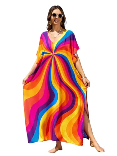 Image of sunforyou Kaftan Dresses for Women Plus Size Lightweight Swimsuit Cover up Batwing Sleeve Print Loungewear Beach Robe