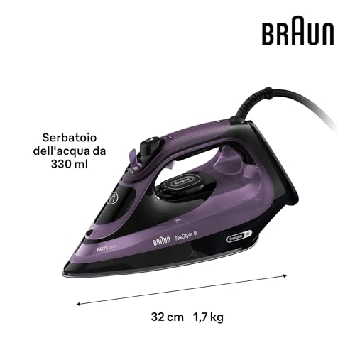 Braun Texstyle9 SI9661VI Ferro da stiro a vapore con 5 Anni di Assistenza, Colpo vapore 250g/min, Modalità ECOMODE Risparmio energetico, Piastra Freeglide 3D Superceramic, Serbatoio 330ml, Viola - Immagine 2