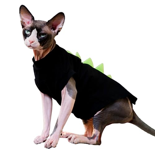 Sphynx Cat Clothes Cat Jumpers for Cats Only Dinosaur Cat Costume Cat Outfit Hairless Cat Sweater Soft Cat Onesie Breathable Cotton T-Shirt Kitten Jumper Coat Cat Clothing Vest Pajama Suit(Black,S)