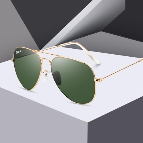 Image of GYNK Men's Aviator Sunglasses | Toughened Glass Lens | UV400 Protection | Lightweight Metal Frame Pilot Sunglasses for Driving, Travel, Outdoor Activities & Daily Wear