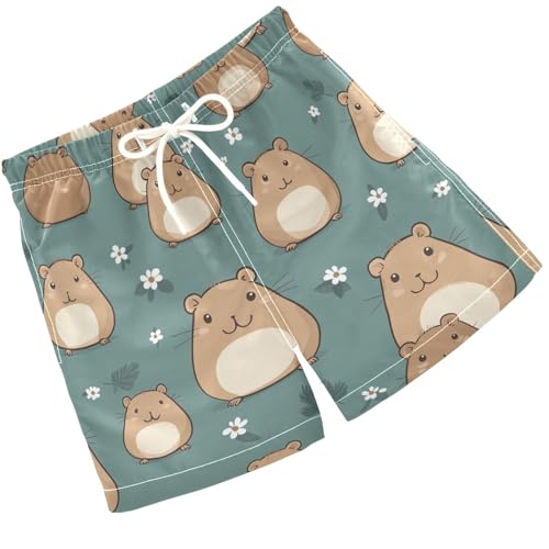 Pigsaly Boys Swim Trunks Capibara Capybara Flowers Green Boys Board Shorts Swimsuit Swimwear Summer Bathing Suit S