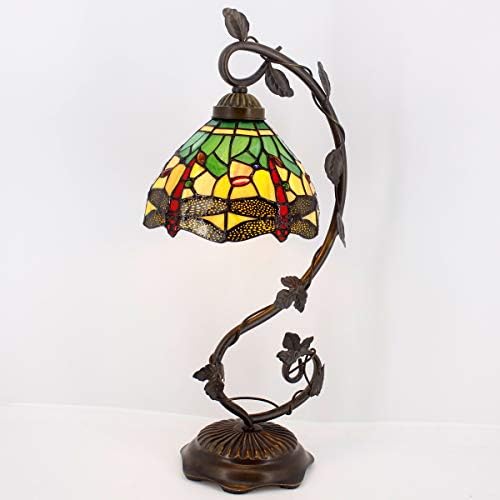 WERFACTORY Bedside Lamp Tiffany Style Stained Glass Table Lamp, Green Yellow Dragonfly Antique Banker Desk Light with 21" Tall Thin Metal Leaf Base - Bedroom Living Room Accent Hotel